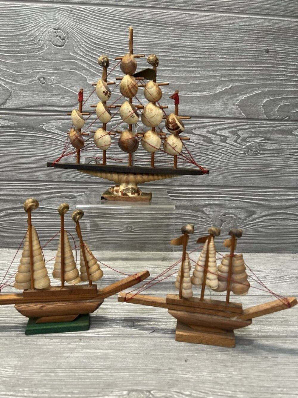 Wood Model Miniature Sailboats Shell Sails  Galveston Texas Souvenirs Vintage